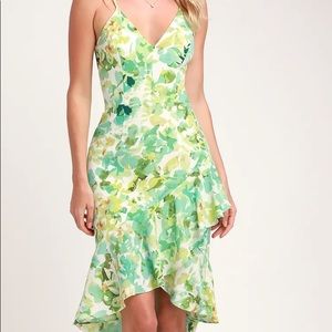 Wendy Ivory and Green Leaf Print Ruffle Midi Dress